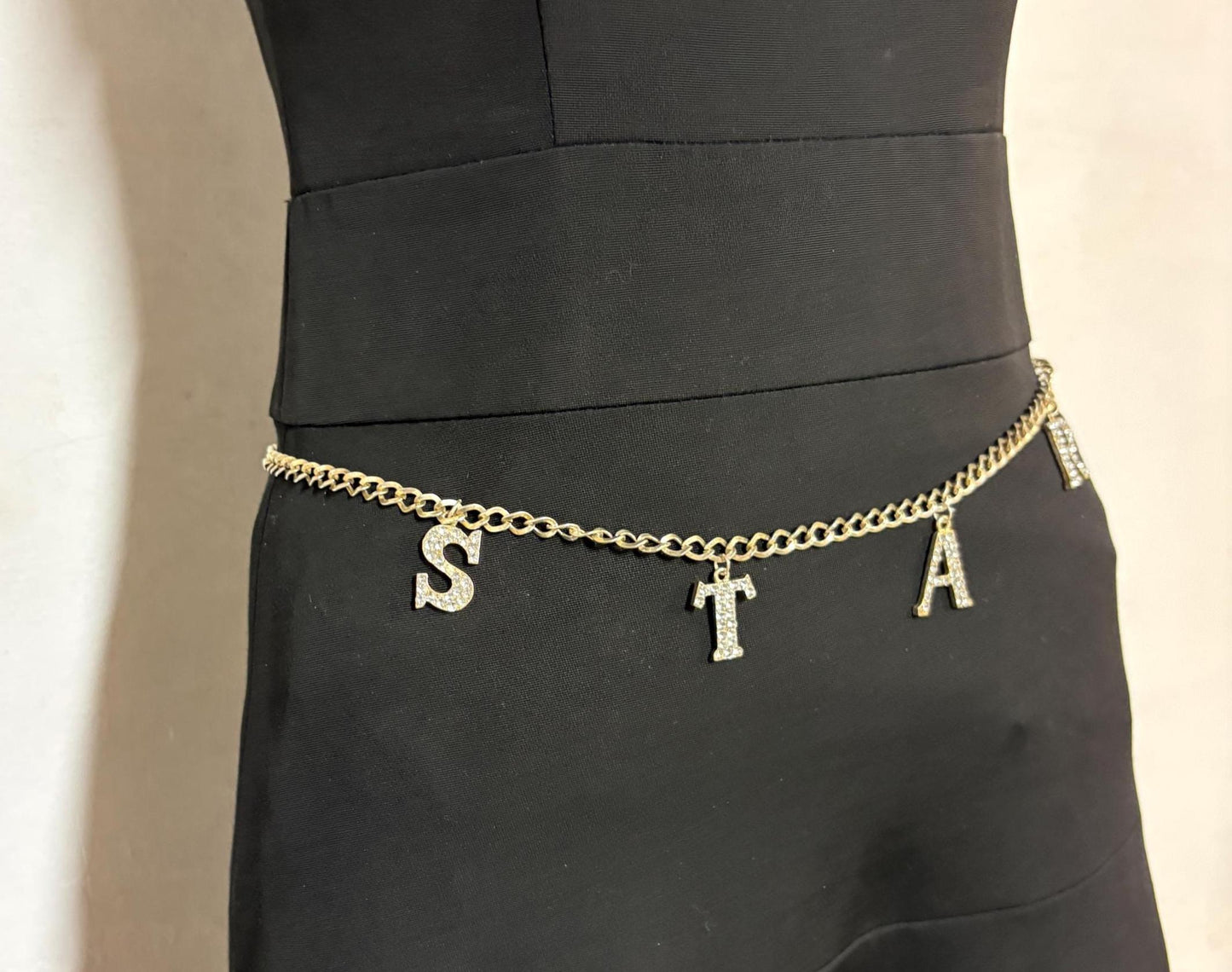 Y2K vintage womens slim chain belt with diamante STAR. Shiny chrome steel with  hanging diamante studded letters. Rhinestone. 2000s NOS