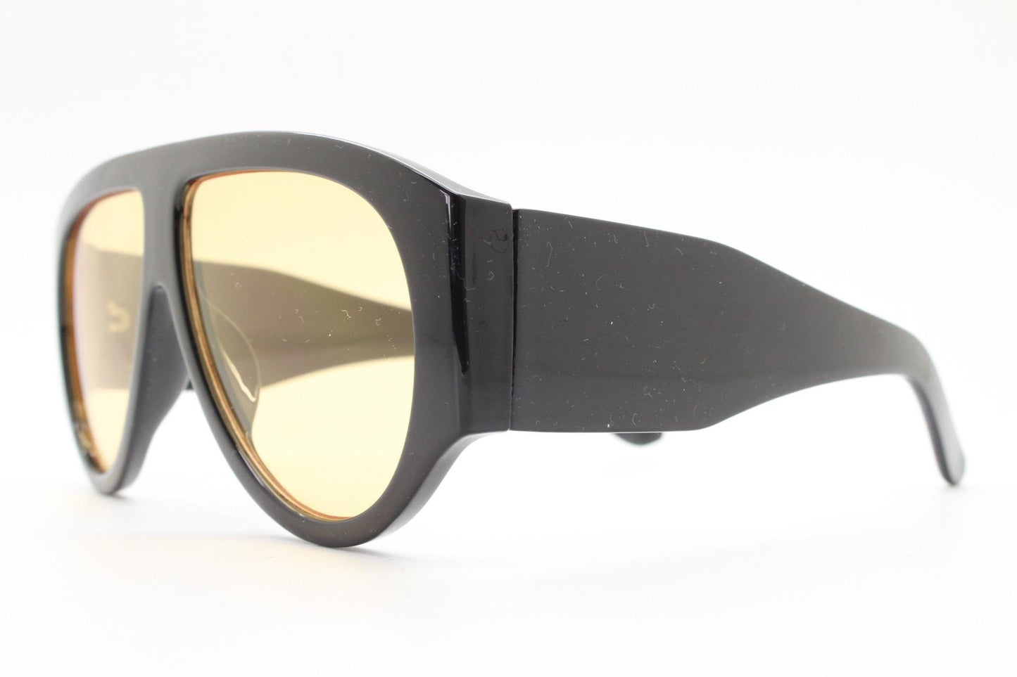Vintage thick fat arm aviator sunglasses. Intense Black gloss frame with light tone brown lenses. Modified teardrop aviators. BNWT