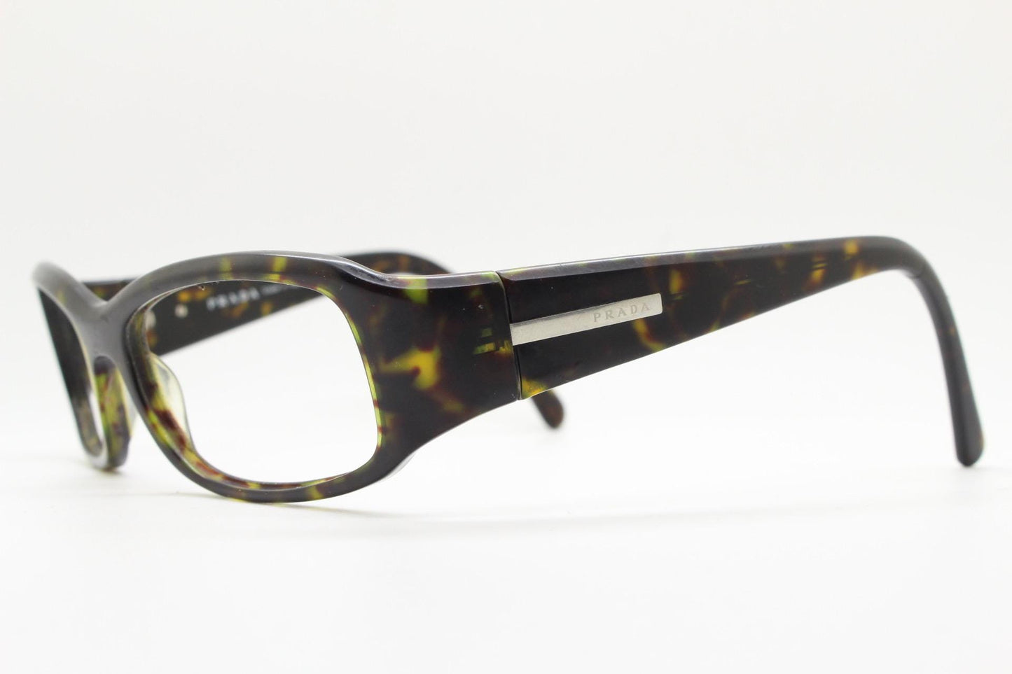 Prada rectangular wrap around eyeglasses made in Italy. Tortoise curving acetate optical frame with tall arms. Vintage prescription glasses
