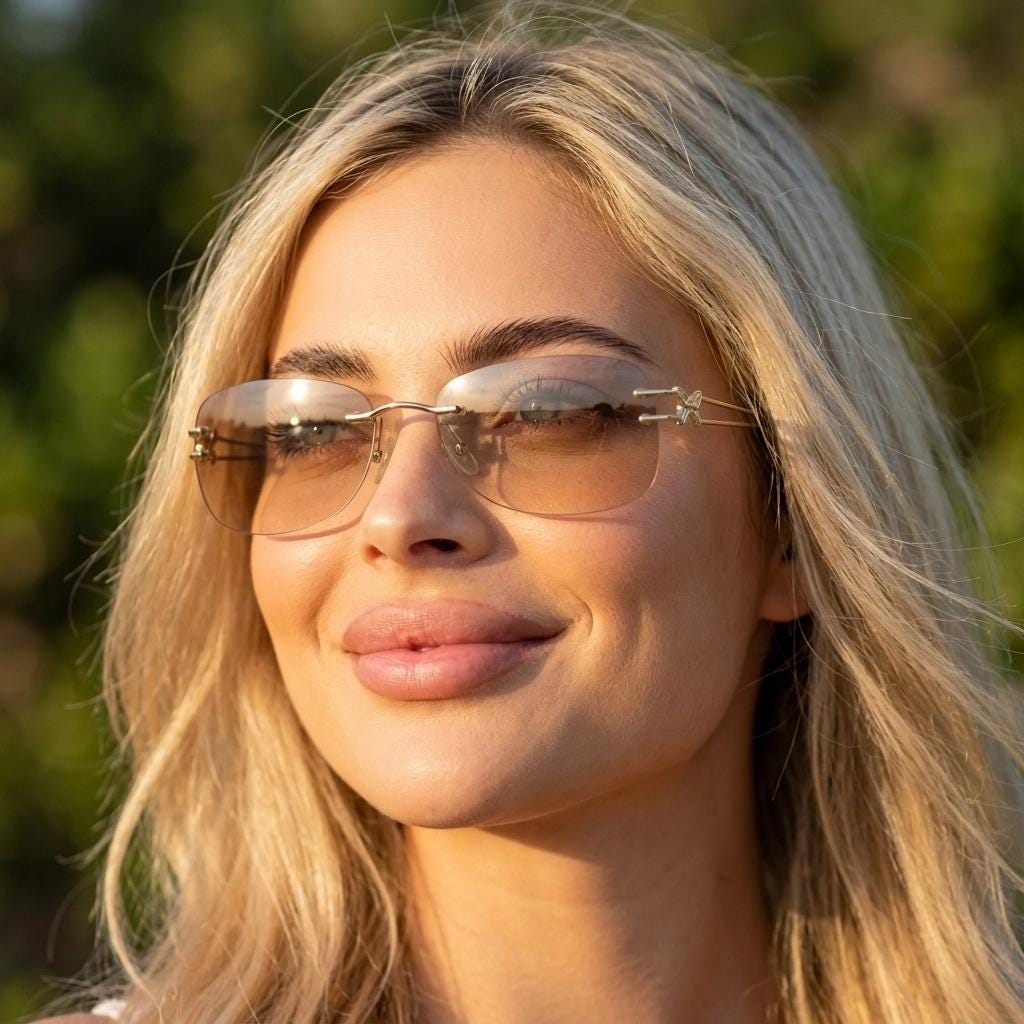 Y2K vintage rimless rectangular sunglasses. Frameless 2000's brown lens with slight mirror glaze gold trim and butterfly hinges. 00's NOS