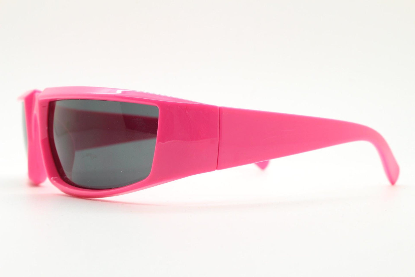 Y2k vintage 2 tone sunglasses. Shocking pink flat top shield style wrap around frame with black lenses. Fluorescent. Dayglo robot visor. NOS