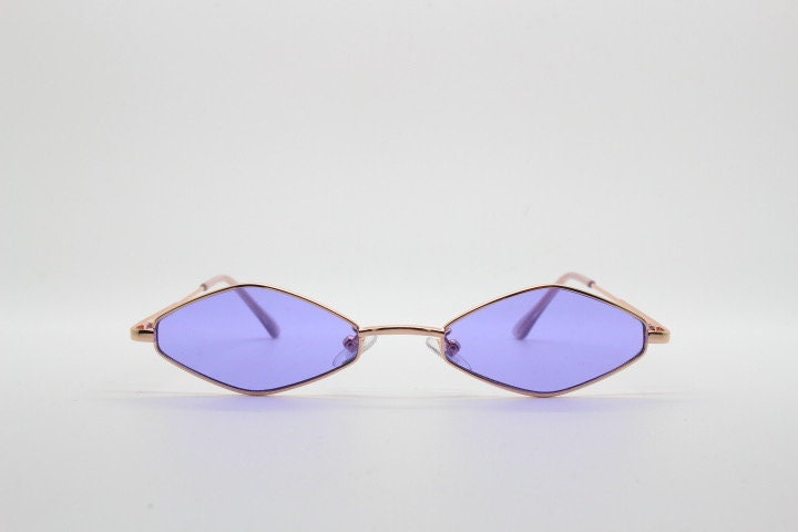 90s vintage small diamond sunglasses. Minimal gold psychedelic mod style frame with bright purple lenses. Unused New Old Stock
