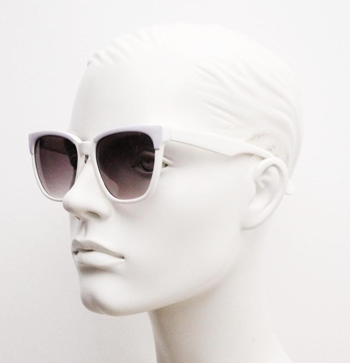 80s vintage square cat eye sunglasses. Women's ice white frame with lilac brows and smoky purple lenses. Rockabilly pin up cateye. NOS