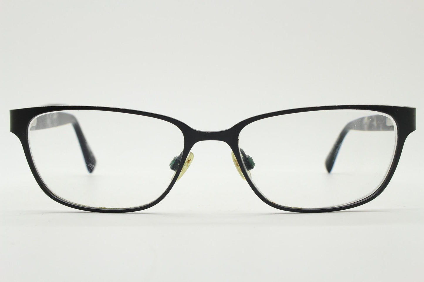 Karen Millen vintage rectangular cat eye glasses. Black satin finish metal front with grey marbled arms. Optical frames. Womens prescription