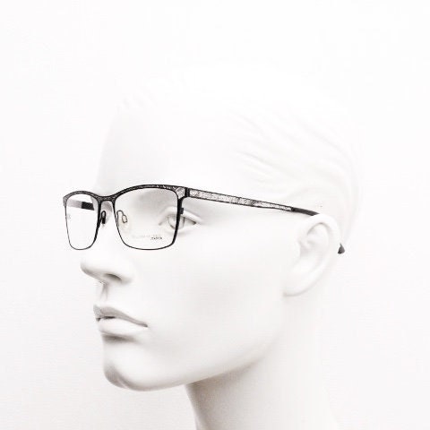 William Morris London rectangular eye glasses. Black matt flat metal optical frames with ornate silver pattern. Prescription RX eyeglasses.