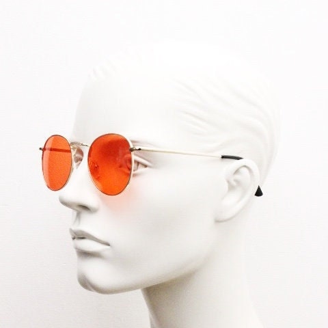 90s vintage round metal sunglasses, 60s style gold frame with blazing red lenses. Unused. Unused NOS Panto