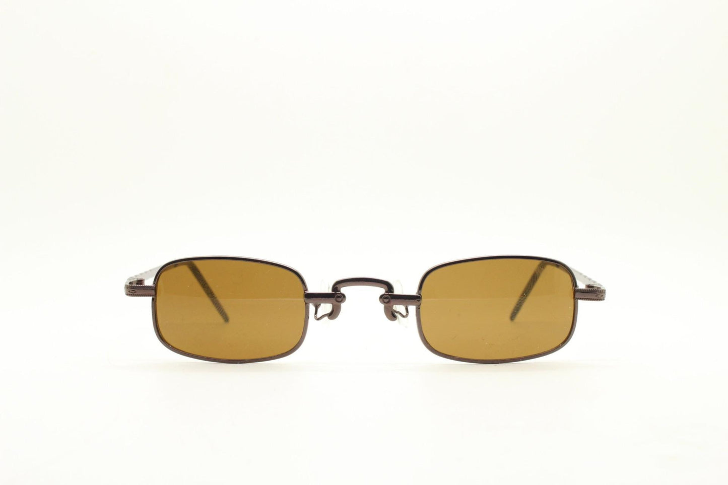 90s vintage small rectangular sunglasses. Imposing minimal brown chrome victorian style frame with matching lenses. Steampunk. Unused NOS