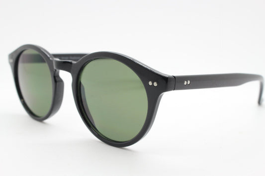 90s vintage small round sunglasses. 30s, 20s horn rim design black gloss frame with contrasting green lenses. BNWT. NOS