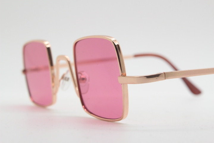 Y2K vintage small square sunglasses. Womens imposing minimal gold metal frame with pink lenses. Steampunk. Cosplay. Unused 2000s NOS