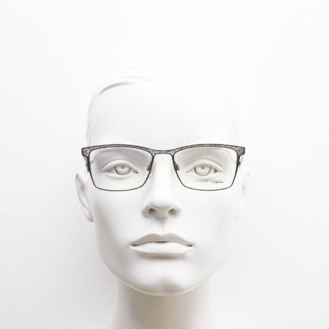 William Morris London rectangular eye glasses. Black matt flat metal optical frames with ornate silver pattern. Prescription RX eyeglasses.