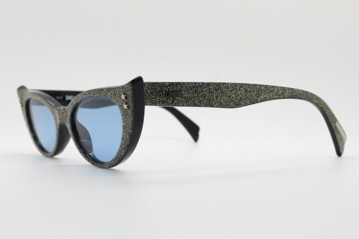 Just Cavalli vintage pointed cat eye sunglasses. Intense silver glitter 50s design bad girl acetate cateye. NOS. Rockabilly pin up