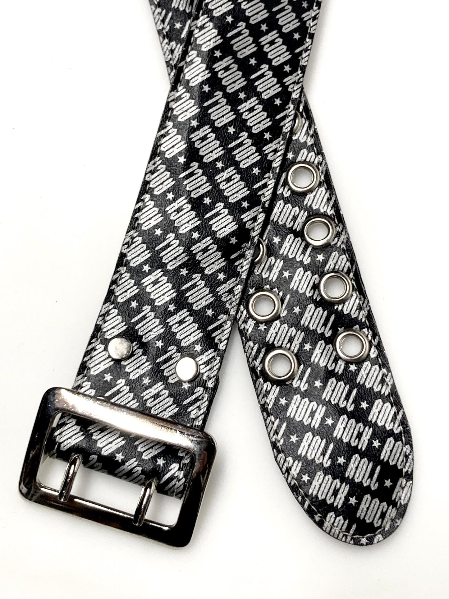 Paul Frank Y2K vintage mens big 'Rock n Roll' designer belt in black and silver. Made in the USA. 2000s NOS Mens large