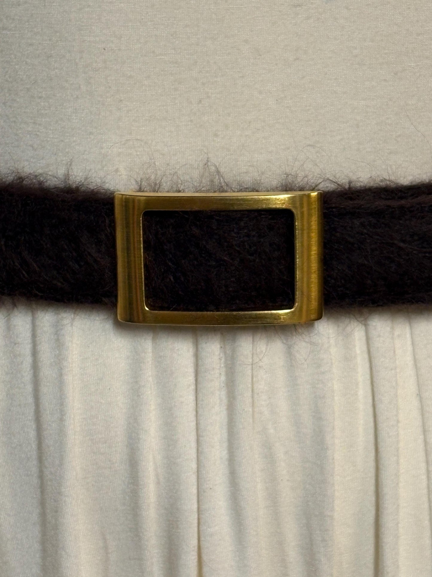 Y2k vintage womens feature belt by Njal of Milan. Luxury brown fuzzy mohair with gold buckle. To wear on a dress. 2000s NOS
