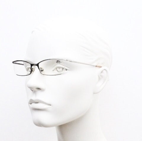 Slazenger 90s vintage rectangular eye glasses. Minimal low profile tech style optical frame in satin finish pewter look. Prescription RX
