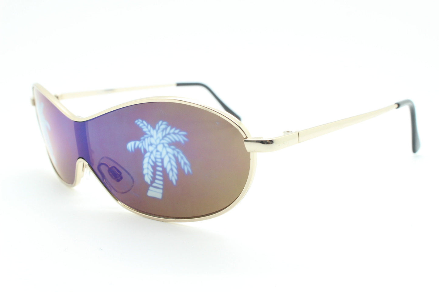 Party monster Y2K vintage visor sunglasses. Wraparound mono lens mini mask shield design with mind melting palm tree print. Unused NOS