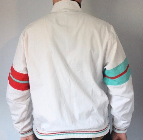 Gabicci Concept Design 80s vintage zip bomber jacket in white with green and red mirror image stripe details. Mens round neck. Cult casuals