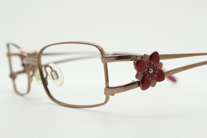 Missoni rectangular low profile eye glasses. Brown chrome optical frames with flower detail. Prescription eyeglasses. RX spectacles