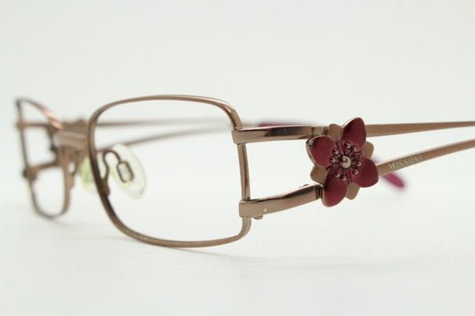 Missoni rectangular low profile eye glasses. Brown chrome optical frames with flower detail. Prescription eyeglasses. RX spectacles