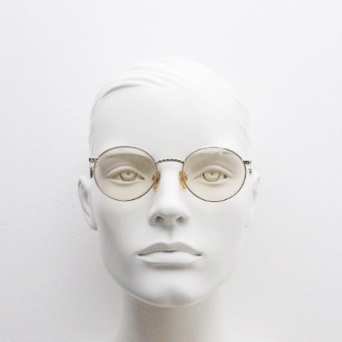 Vogue women's round eye glasses made in Italy. Gold chrome panto optical frame with indented diamond patterns. Prescription RX spectacles