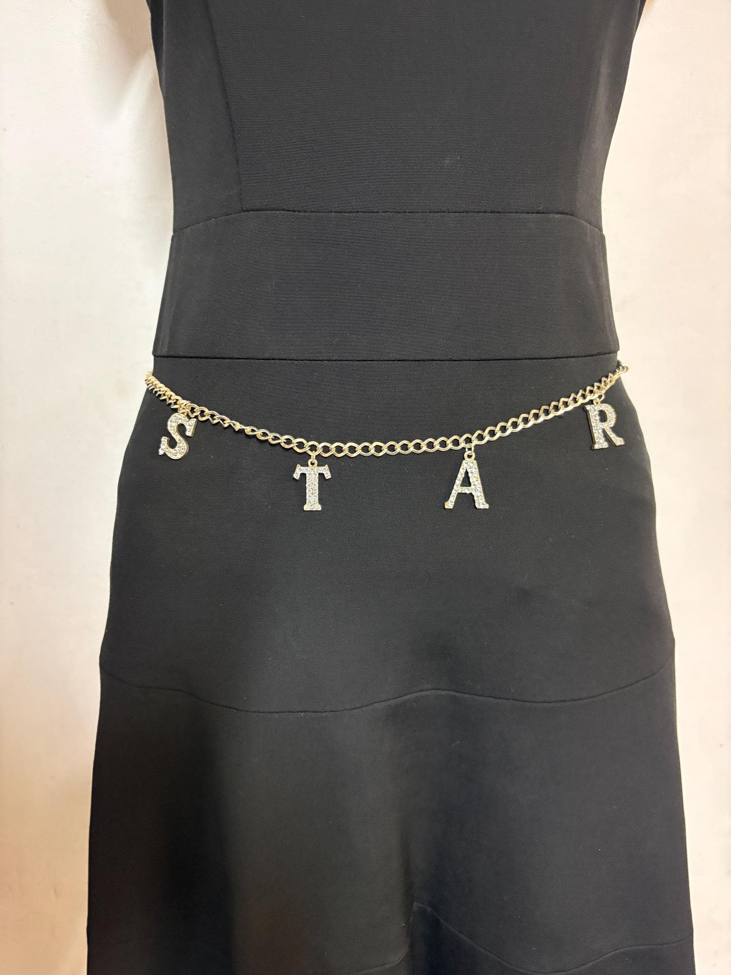 Y2K vintage womens slim chain belt with diamante STAR. Shiny chrome steel with  hanging diamante studded letters. Rhinestone. 2000s NOS
