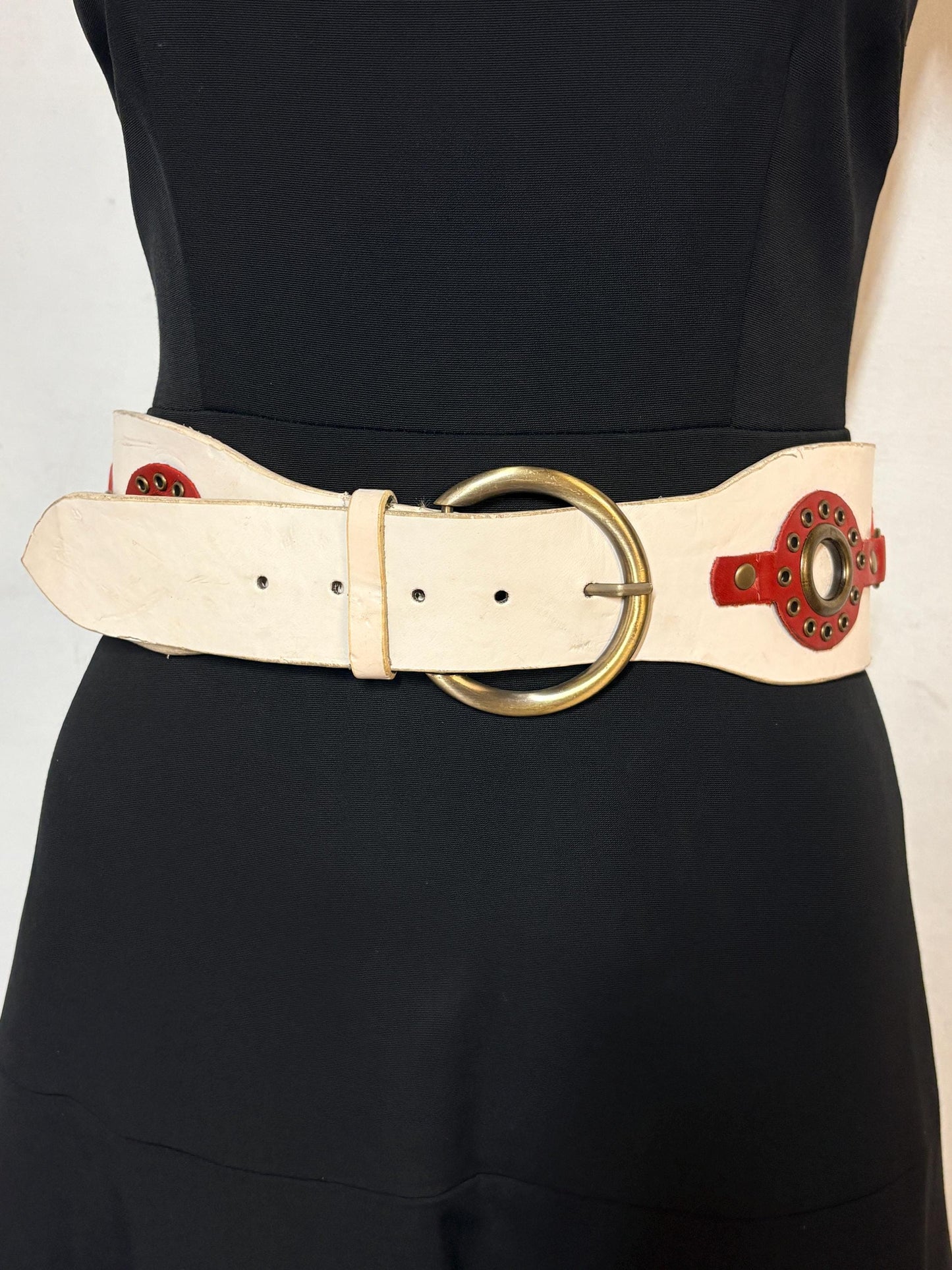 Y2K vintage womens white dress belt with red 'telephone dial' circles applique. Genuine 2000s with brass trims and buckle. NOS