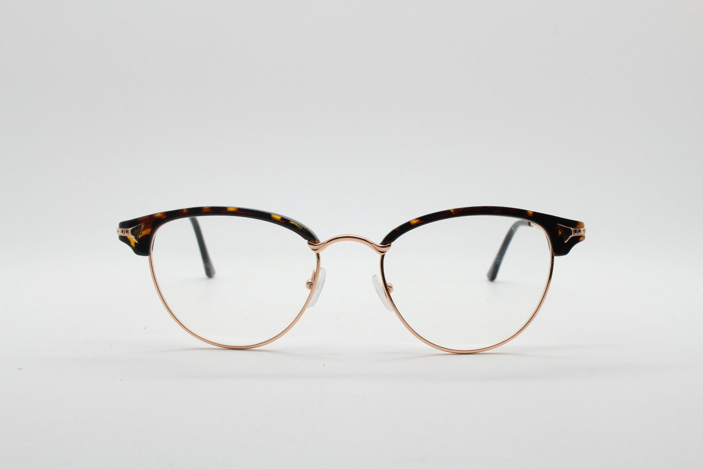 90s vintage browline cat eye glasses. Honey tortoise and gold half frame eyeglasses. 50s, 60s cateye design with clear lenses. NOS