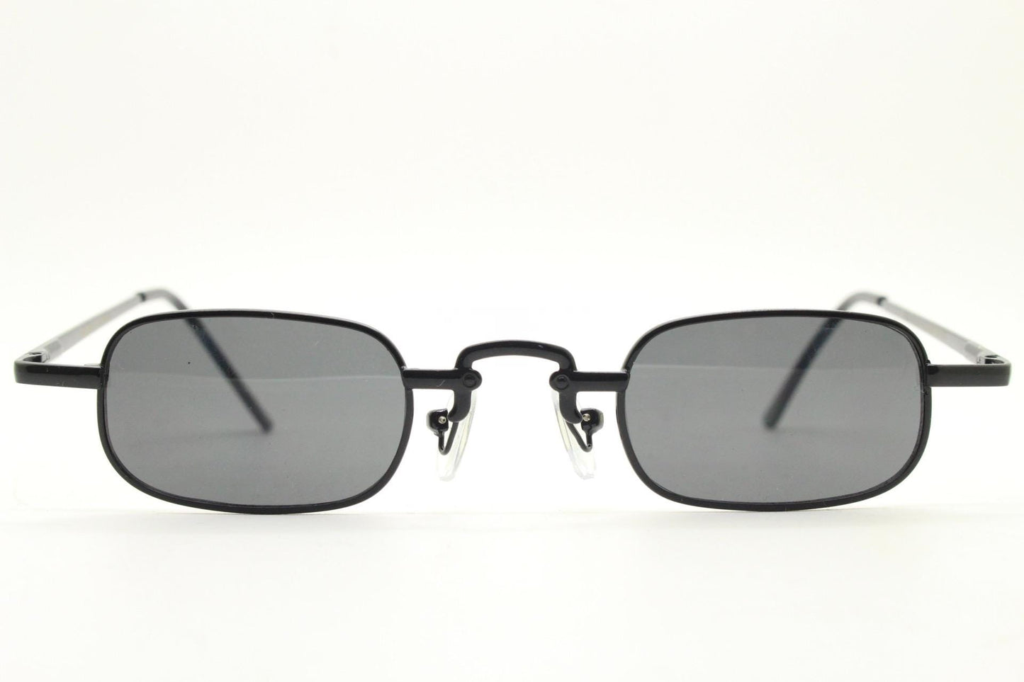90s vintage small rectangular sunglasses. Imposing minimal all black gloss victorian style frame with dark lenses. Steampunk. Unused NOS