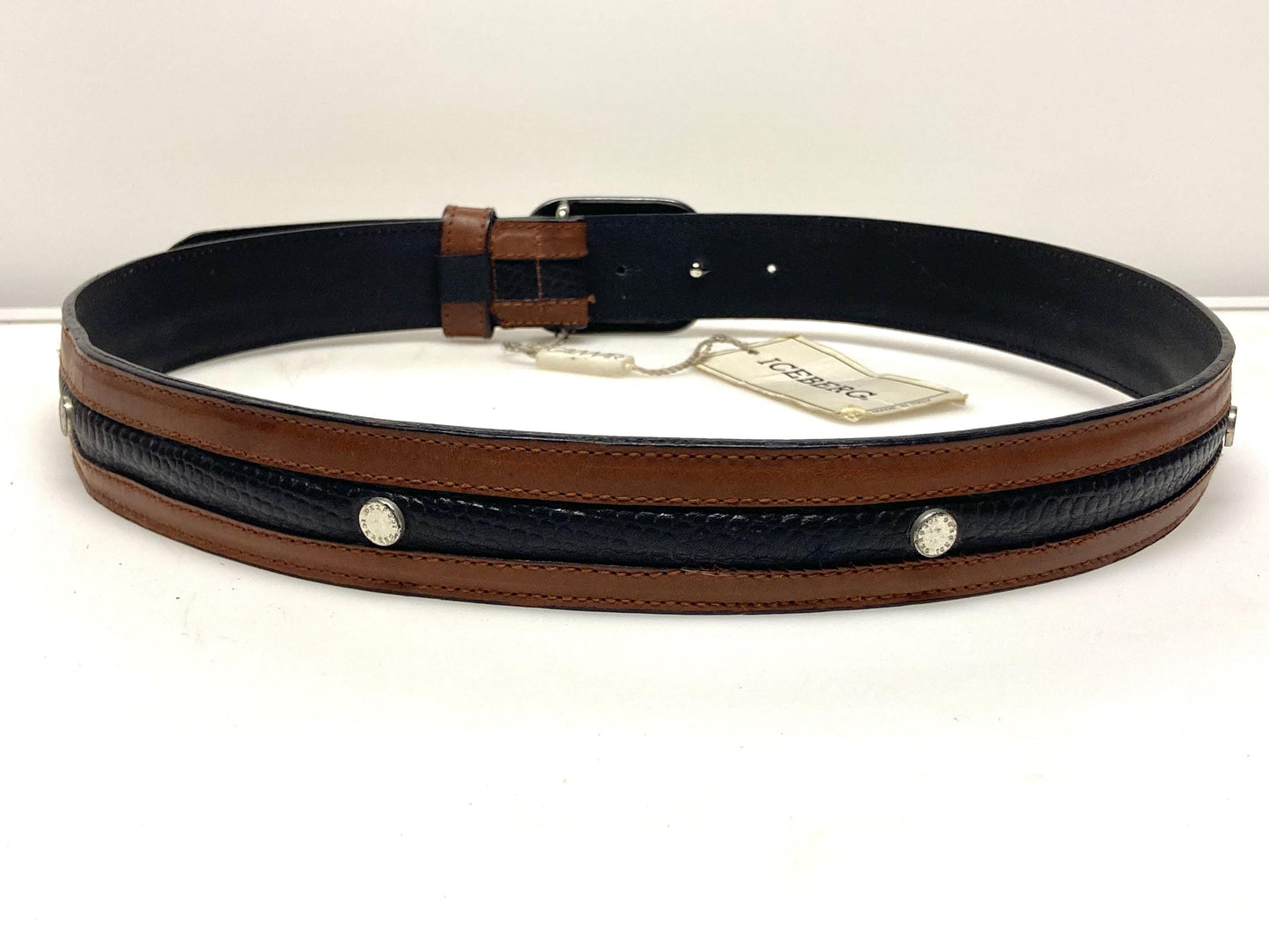 Iceberg 90s vintage black and brown genuine leather belt with big silver buckle depicting bucking bronco's. Made in Italy. BNWT. NOS