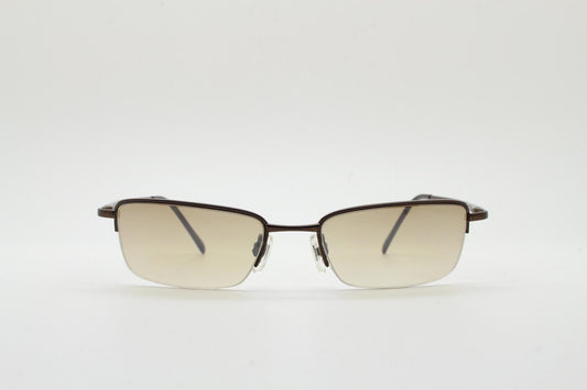 90s vintage small rectangular sunglasses. Minimal solid metal brown chrome half frame with light tone lenses. 2000's. Y2K. NOS. BNWT