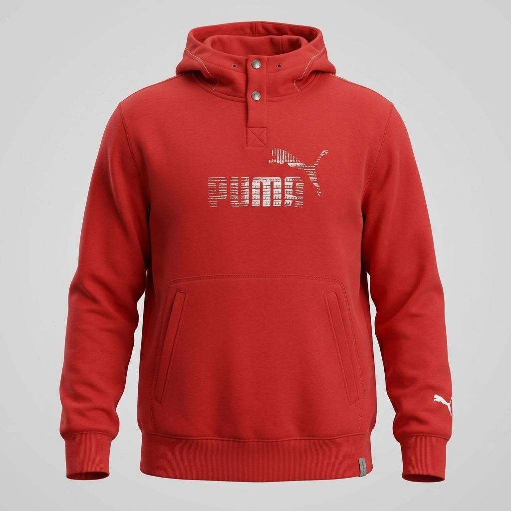 Puma red hoody with big chest logo. Unisex sports pullover sweatshirt with front muffler pockets. UK size L