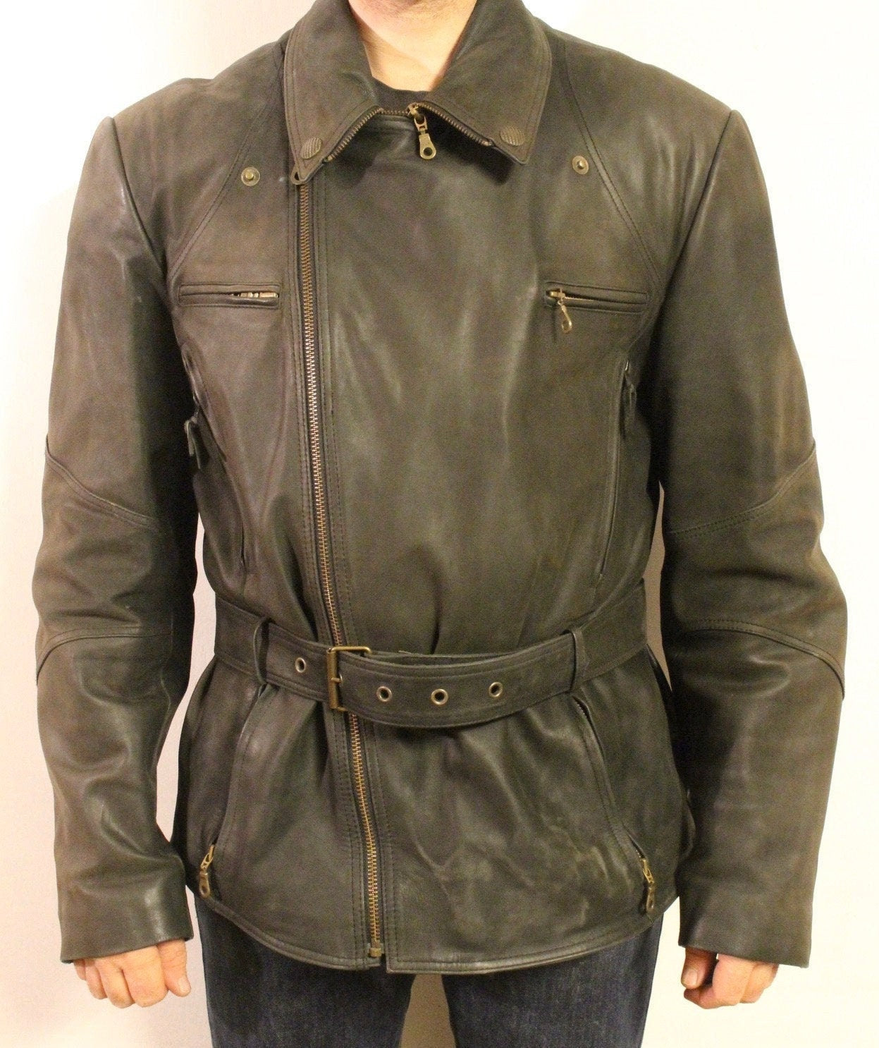 Vintage 80s motorcycle jacket. Gunmetal grey real leather biker. 40s design with back padding and vents. BNWOT