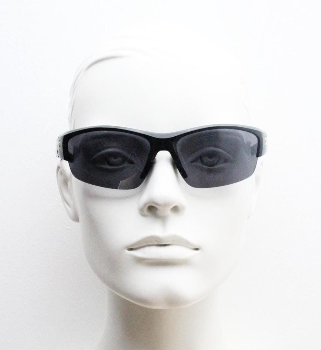 Y2K vintage sport shield sunglasses. Half frame plain black gloss wrap around aerodynamic mini mask design. BNWT. 2000's visor. 90s NOS