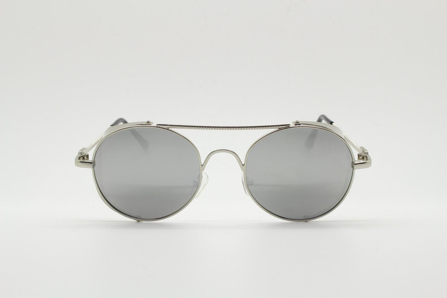 90s vintage round goggle sunglasses. All metal silver chrome frame with folding side blinkers. Spoilers. Steampunk. Cosplay. NOS