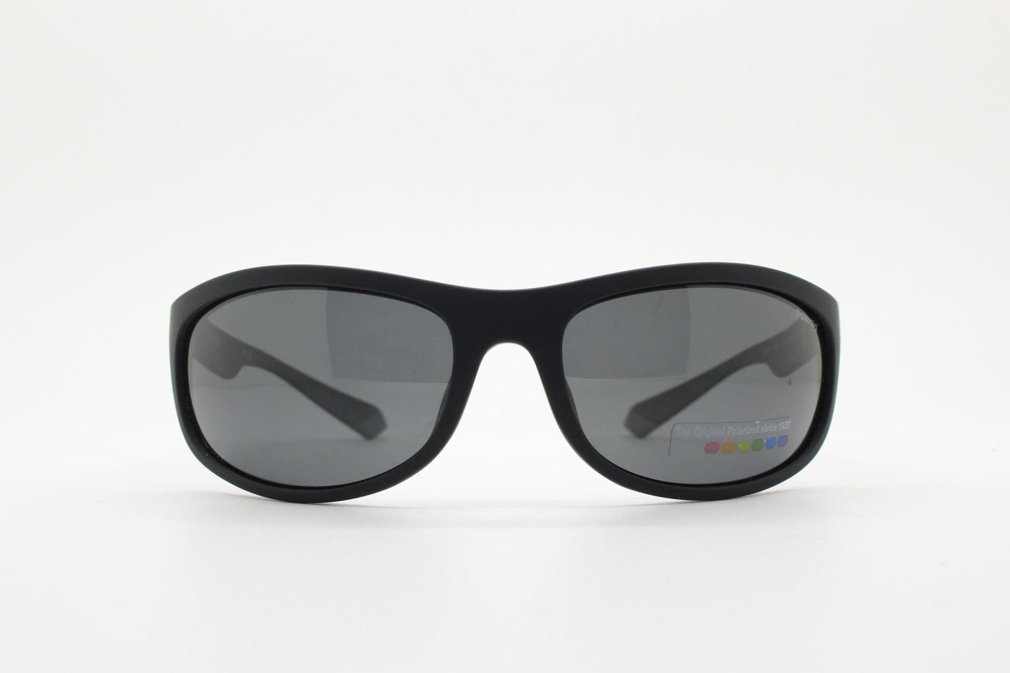 Polaroid vintage sports shield sunglasses. Black rubber finish curved wrap around frame with polarising lenses. 2000s. Y2K. Bug eye. NOS