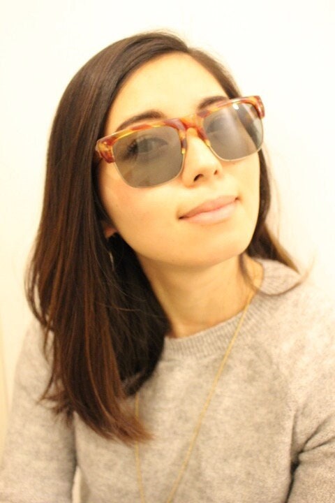 60s vintage low profile wide wayfarer style sunglasses. Mens mod transparent fat arm frame with hand finished print and real glass lenses