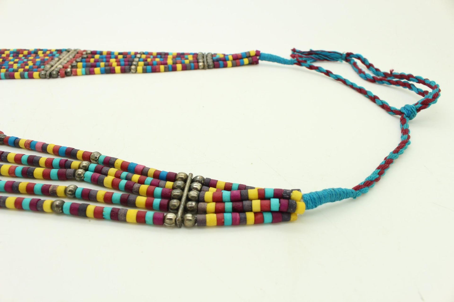 Y2K vintage massive statement Masai style beaded chain necklace. Multi coloured beads with concentric semi circle metal crescents. NOS