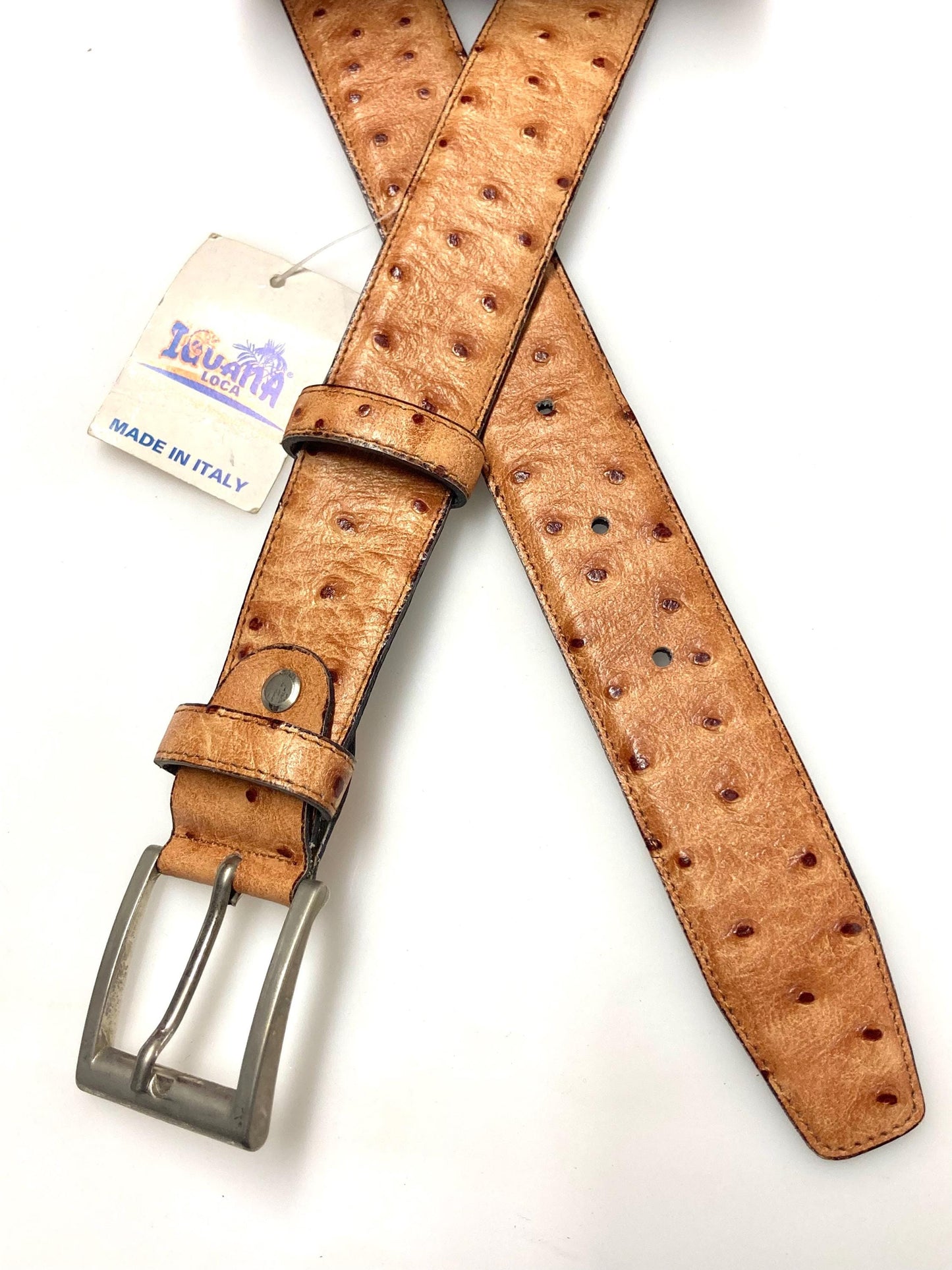 90s vintage fawn / brown genuine leather belt made in Italy by Iguana. Textured finish made to look like Ostrich. BNWT. NOS. Mens XL