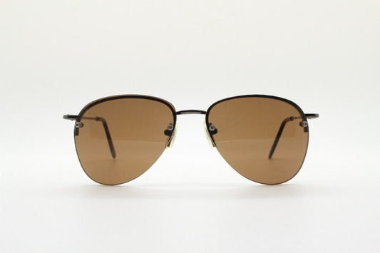 90s vintage small sized aviator sunglasses. Brown chrome metal half frame brow line teardrop aviators. Pilot. Unused NOS.