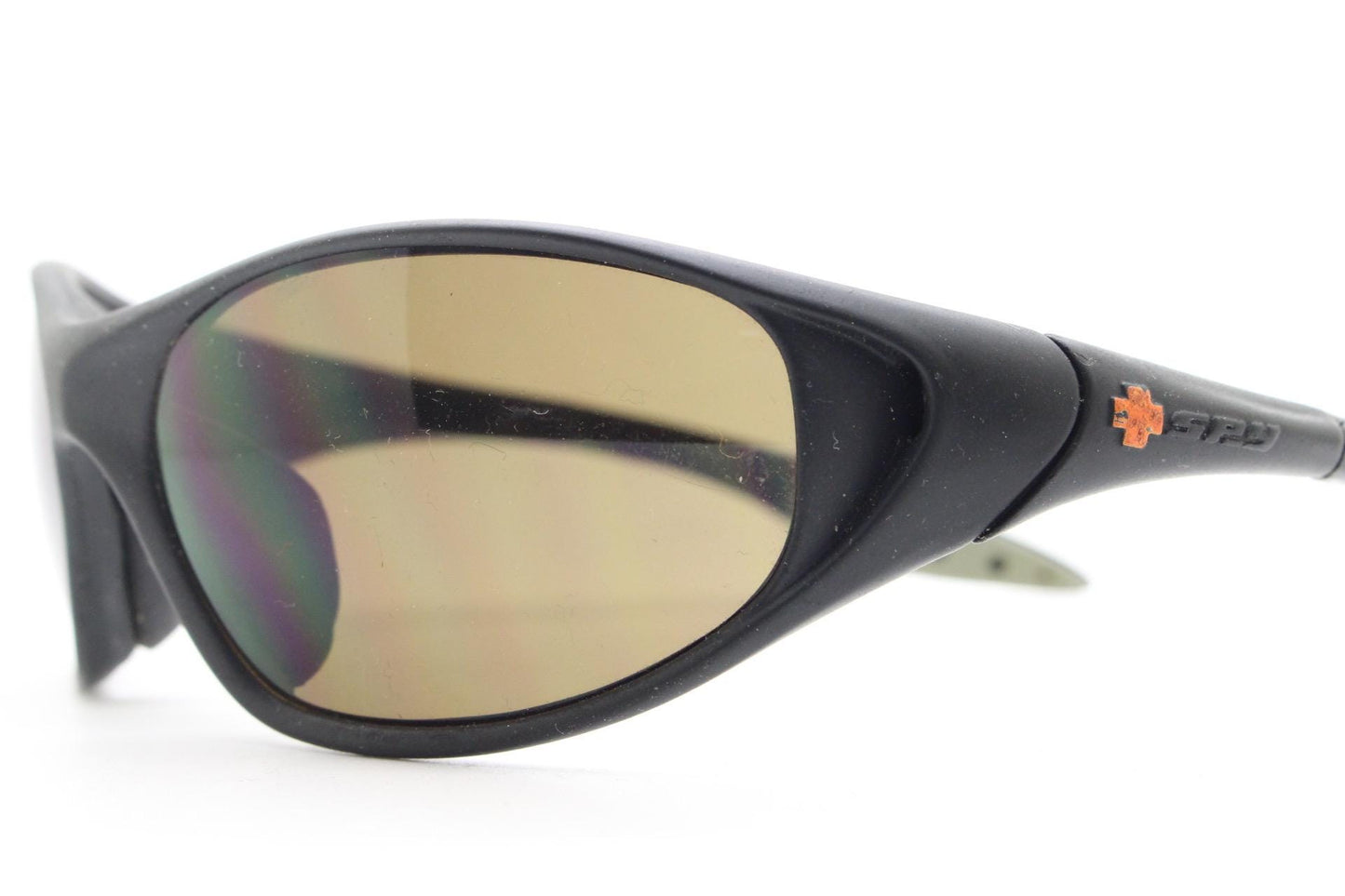Y2K vintage sport shield aerodynamic sunglasses. All black rubber finish wraparound bug eye visor with brown lenses. 2000's. 90s