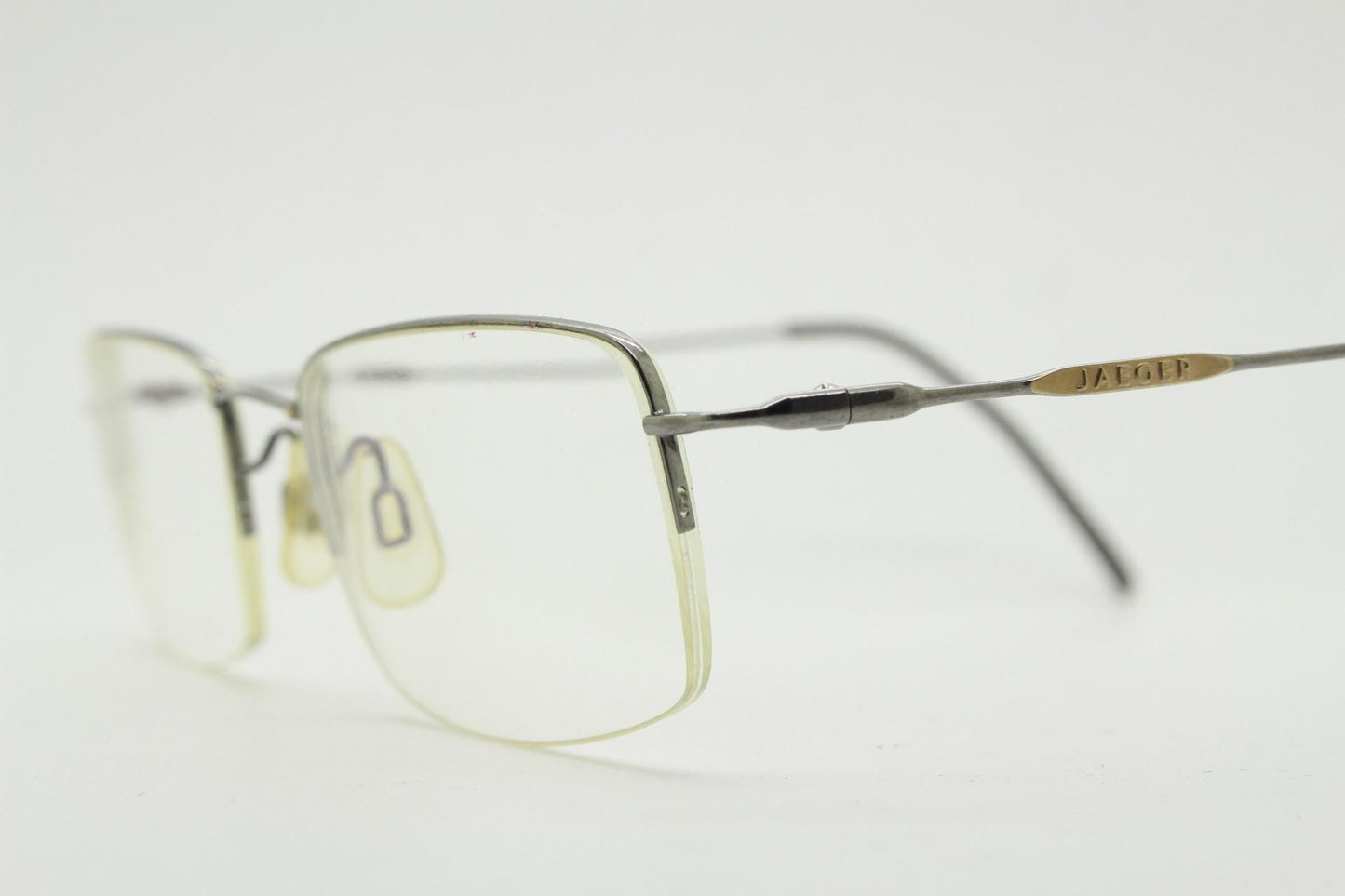 Jaegar vintage rectangular eye glasses. Extremely minimal grey half frame in titanium. Optical spectacles. Prescription spectacles. RX
