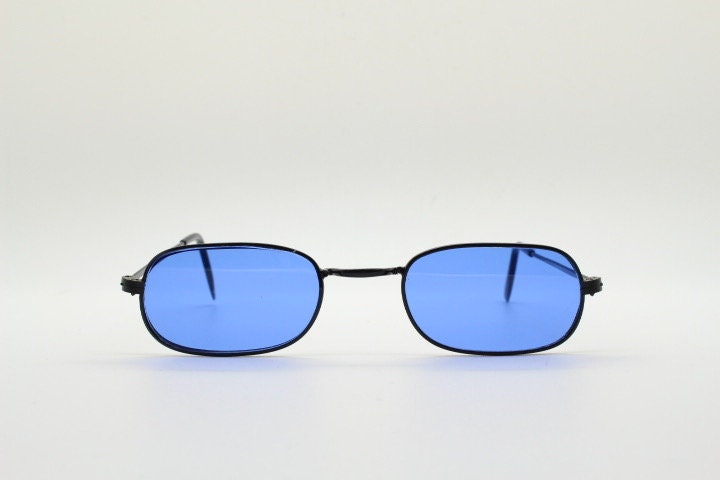 90s vintage minimal metal rectangular sunglasses. Small black frame with striking cobalt blue luxury real glass lenses. NOS