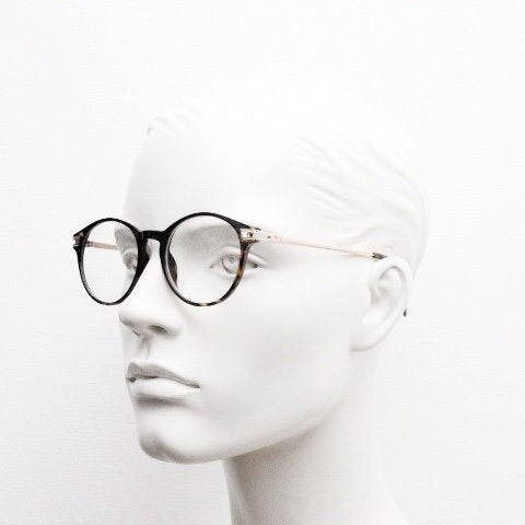 90s vintage round glasses with tortoise front and gold embossed arms. 40s, 50s style prescription optical frames. Clear lens eyeglasses. RX