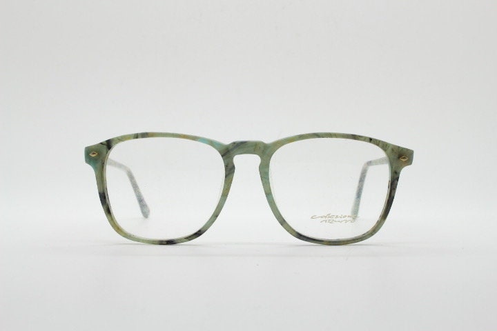 Collezione Azzurro vintage square eye glasses. Authentic 80s lime green marbled acetate optical frame. Prescription RX eyeglasses