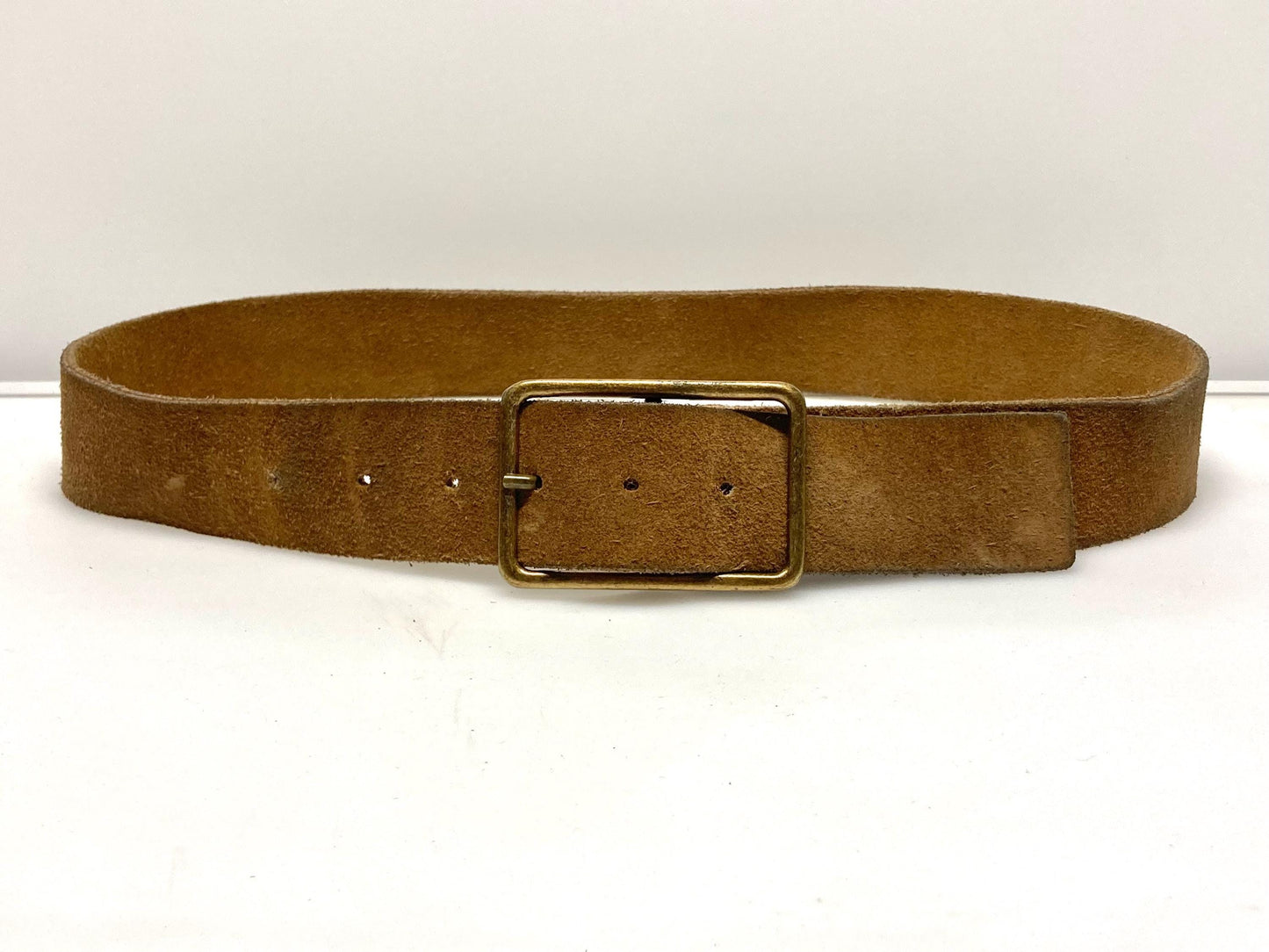 60s vintage thick brown suede 2" belt with large brass buckle. Made from genuine supple cowhide leather for jeans or trousers. Mens. Hippy
