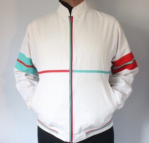Gabicci Concept Design 80s vintage zip bomber jacket in white with green and red mirror image stripe details. Mens round neck. Cult casuals