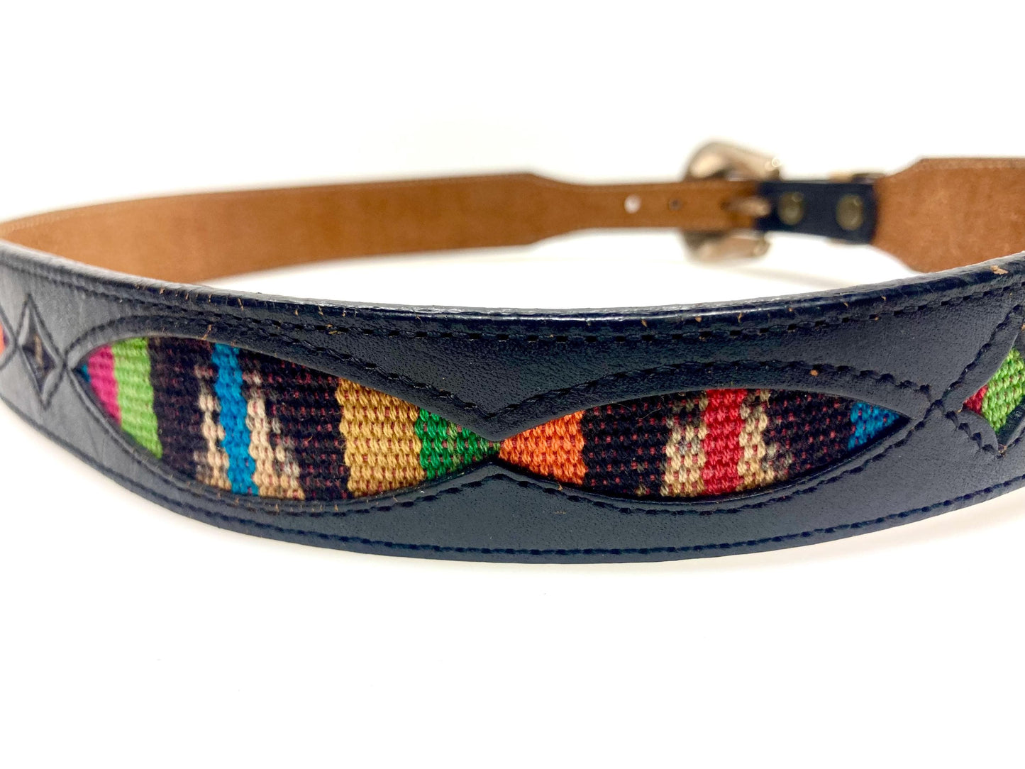 Leegin 80s vintage Silver Creek Collection Native American belt. Leather cutout overlay on tapestry backing. Changeable buckle. USA made NOS