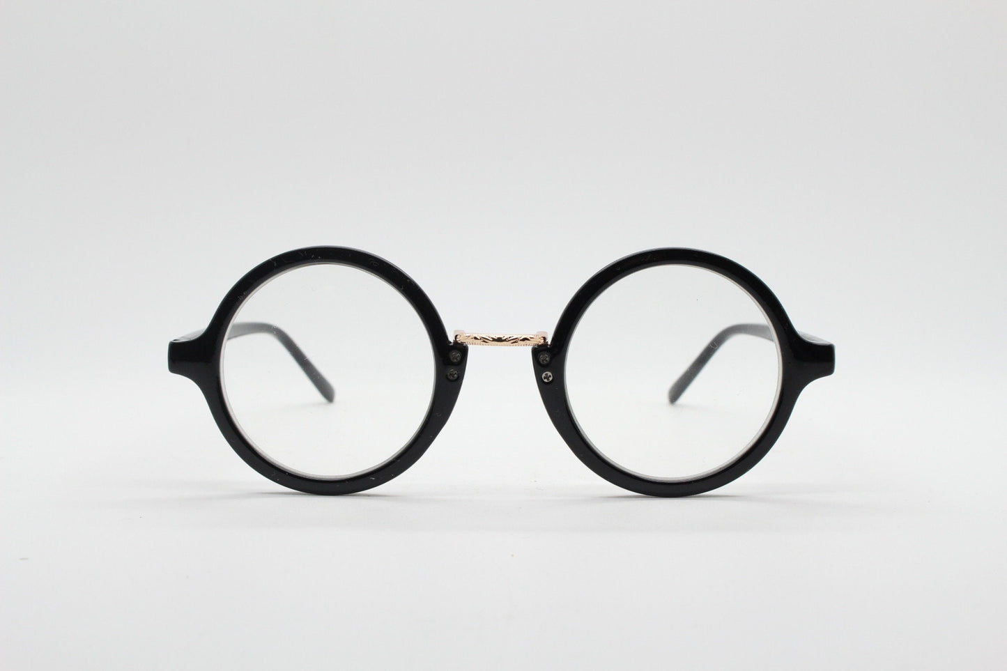90s vintage black round glasses. 30s, 20s style optical frames. Prescription eyeglasses with clear lenses. RX spectacles