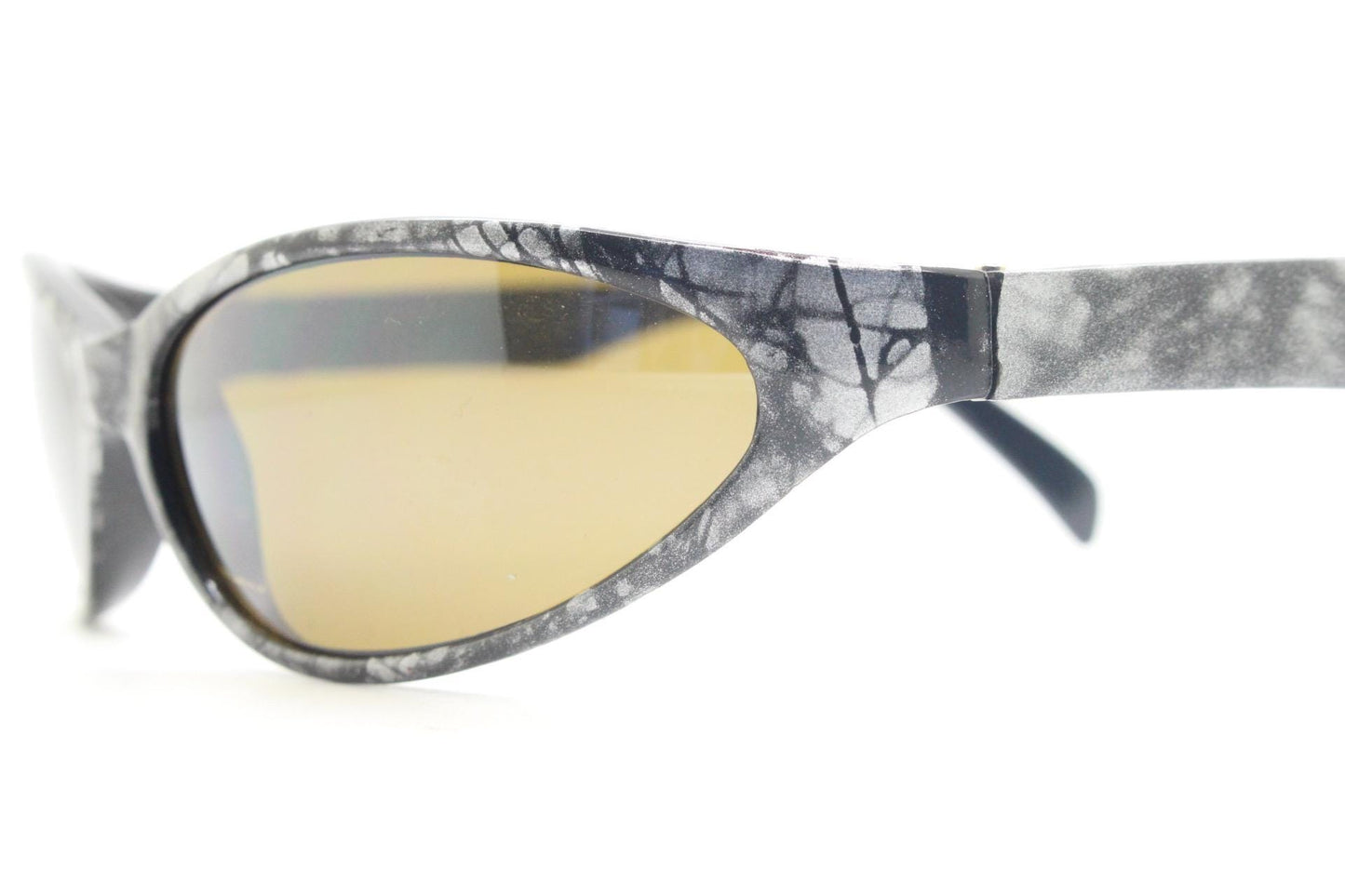 90s vintage sport shield aerodynamic sunglasses. Silver and black marble print wraparound bug eye visor with brown lenses. 2000's. Y2K