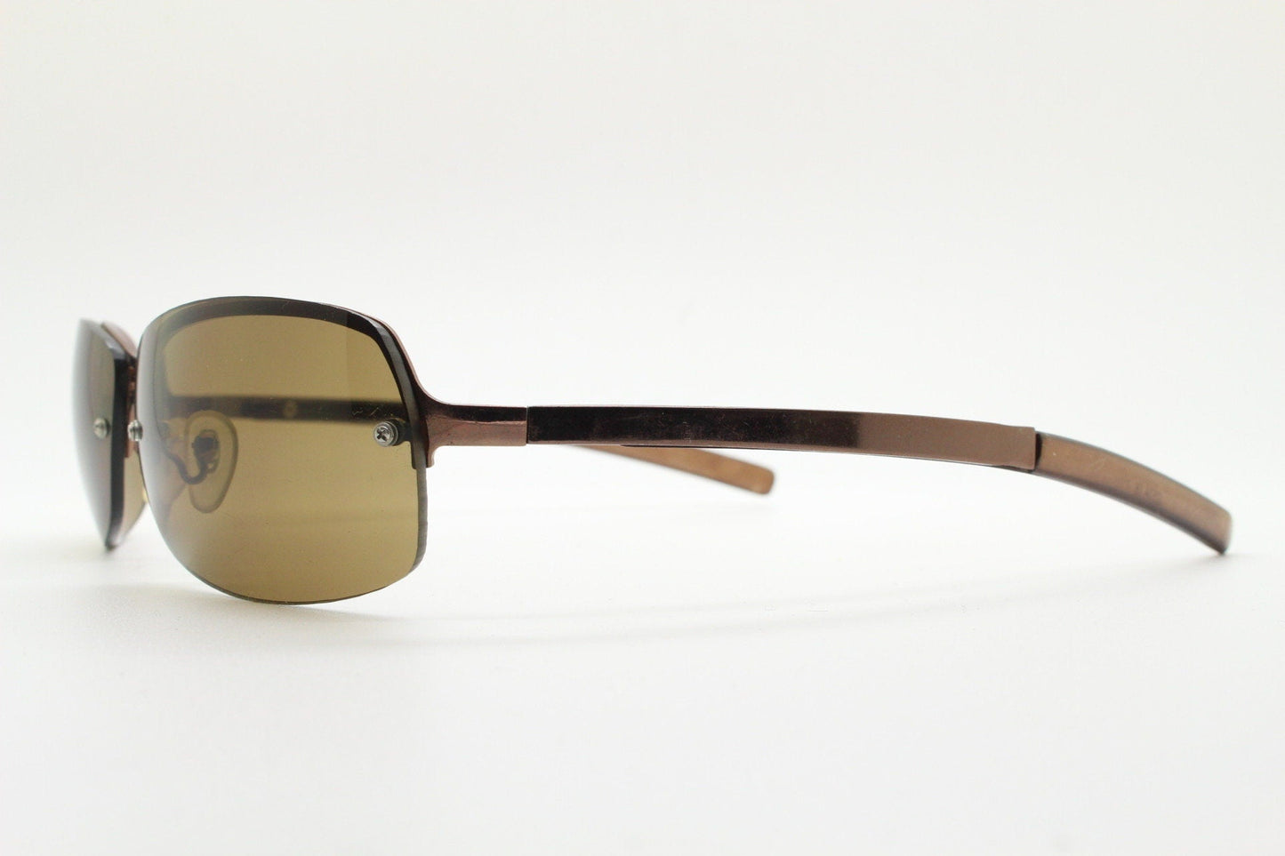 Y2K vintage modified small aviator sunglasses. Metallic brown chrome half frame with curved bug eye lenses and straight arms. 2000's. NOS