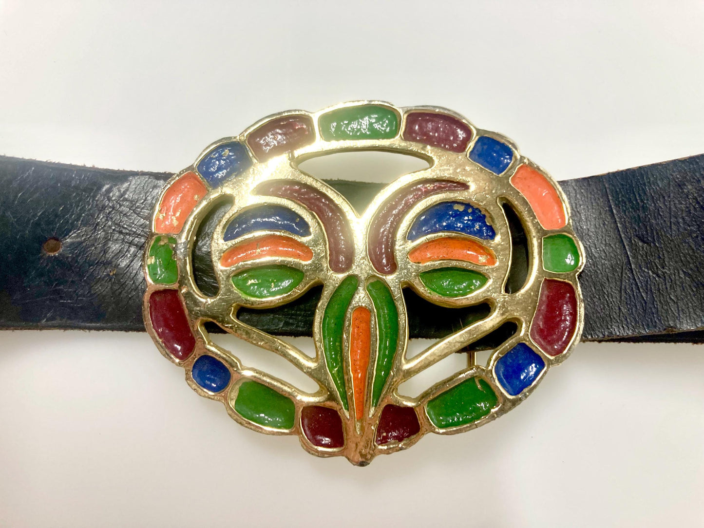 70s vintage womens dress or jeans belt with big round fancy buckle. Gold with multi colour indented patterns. Raw home made finish. NOS
